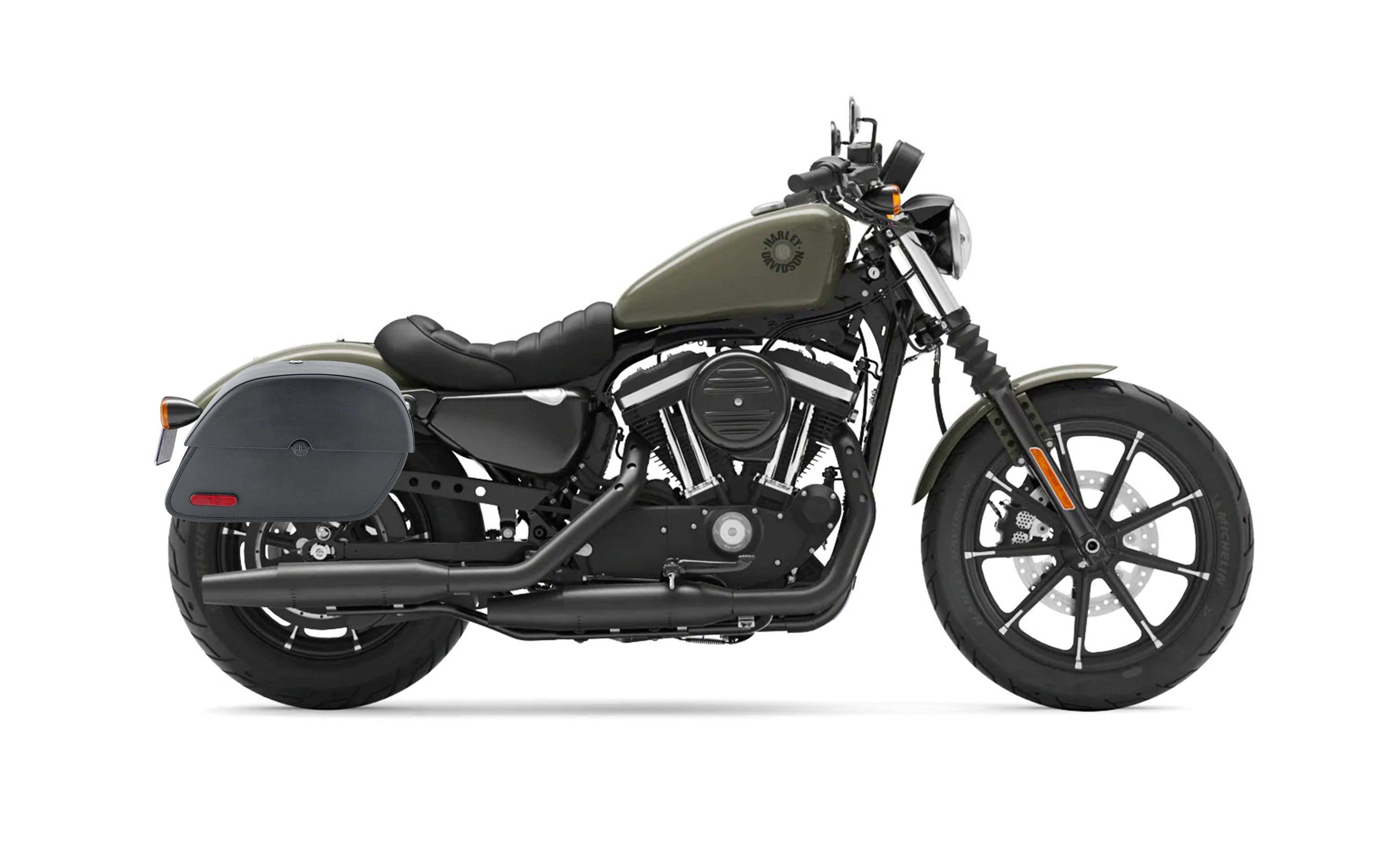 26L - Panzer Large Shock Cutout Leather Saddlebags for Harley Sportster 883 Iron XL883N Bag on Bike @expand